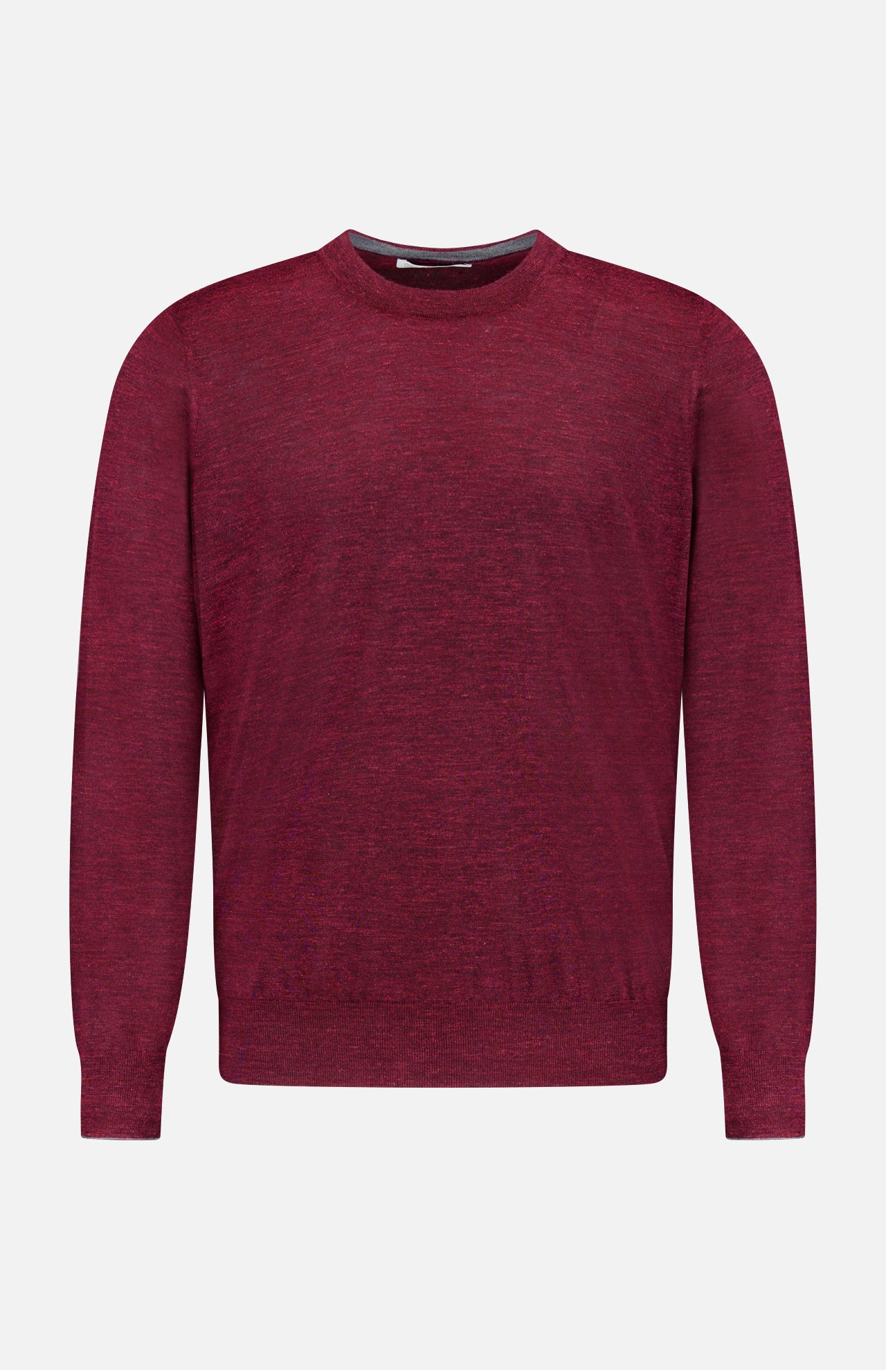The BRUNELLO CUCINELLI Cashmere-blend Long Sleeve Sweater, crafted in classic burgundy knit, is featured on a white background. This men’s pullover combines timeless style with luxurious comfort.