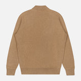 Back view of the BRUNELLO CUCINELLI Cashmere Polo Sweater in camel, featuring ribbed cashmere, long sleeves, a short collar, and fitted cuffs and hem, displayed on a plain white background. Made in Italy.