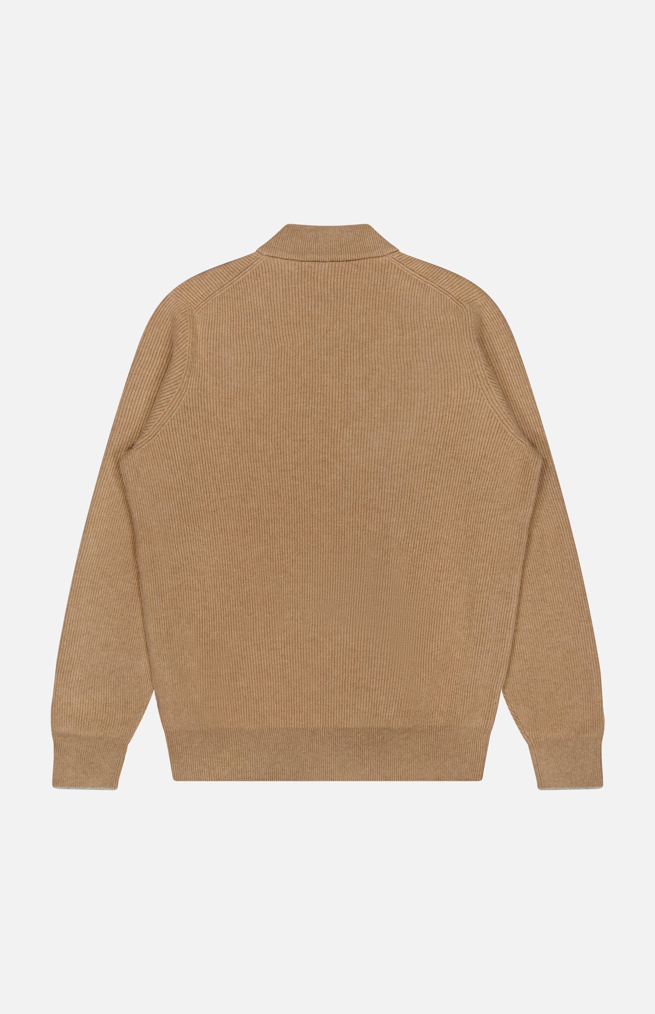 Back view of the BRUNELLO CUCINELLI Cashmere Polo Sweater in camel, featuring ribbed cashmere, long sleeves, a short collar, and fitted cuffs and hem, displayed on a plain white background. Made in Italy.