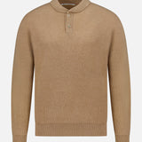BRUNELLO CUCINELLI Cashmere Polo Sweater featuring a tan ribbed knit texture, long sleeves, and a Henley-style collar with a two-button placket, displayed on a plain white background.