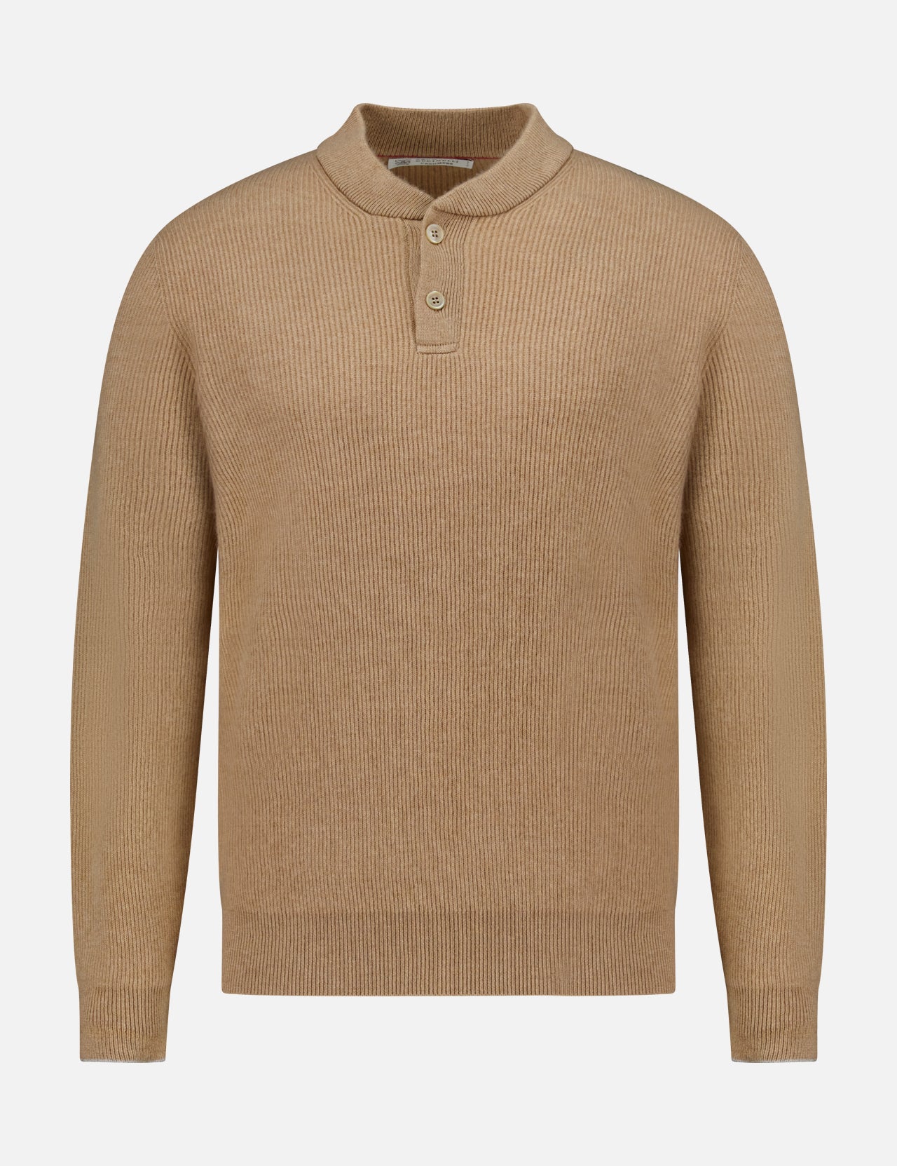 BRUNELLO CUCINELLI Cashmere Polo Sweater featuring a tan ribbed knit texture, long sleeves, and a Henley-style collar with a two-button placket, displayed on a plain white background.