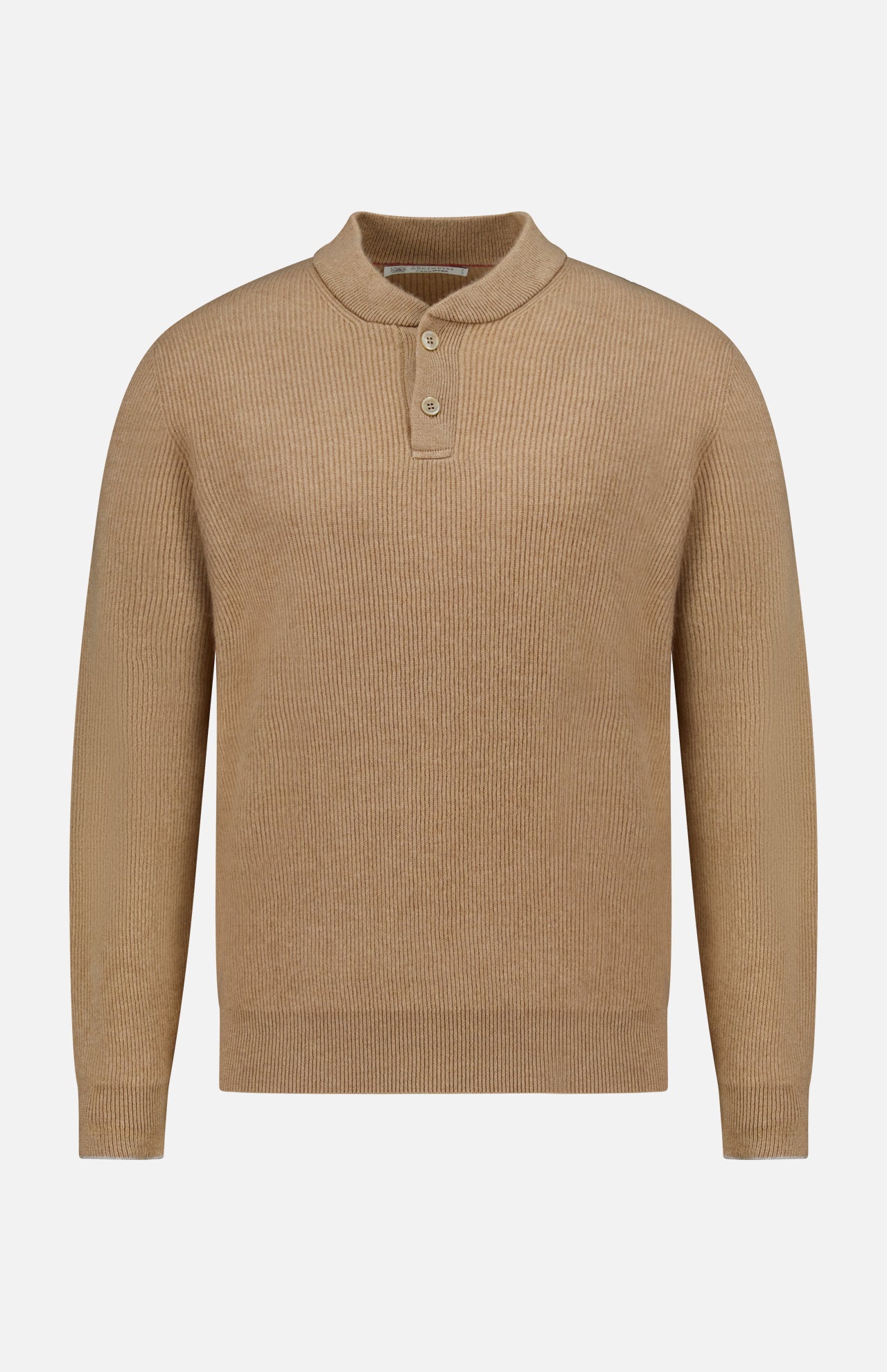 BRUNELLO CUCINELLI Cashmere Polo Sweater featuring a tan ribbed knit texture, long sleeves, and a Henley-style collar with a two-button placket, displayed on a plain white background.