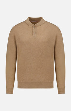 BRUNELLO CUCINELLI Cashmere Polo Sweater featuring a tan ribbed knit texture, long sleeves, and a Henley-style collar with a two-button placket, displayed on a plain white background.