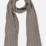 The Cashmere Contrast Stripe Scarf by BRUNELLO CUCINELLI, crafted in Italy, features a ribbed design in light brown cashmere with contrasting white trim at the ends and is displayed flat on a white background.