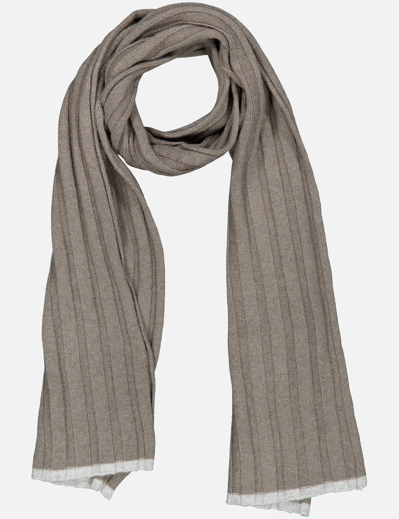 The Cashmere Contrast Stripe Scarf by BRUNELLO CUCINELLI, crafted in Italy, features a ribbed design in light brown cashmere with contrasting white trim at the ends and is displayed flat on a white background.