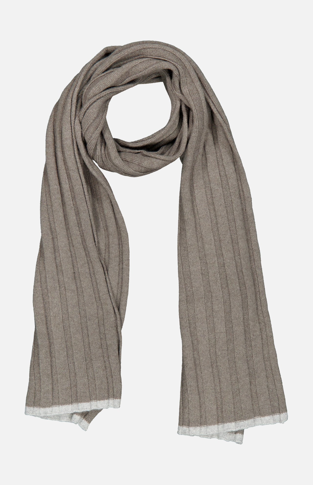 The Cashmere Contrast Stripe Scarf by BRUNELLO CUCINELLI, crafted in Italy, features a ribbed design in light brown cashmere with contrasting white trim at the ends and is displayed flat on a white background.