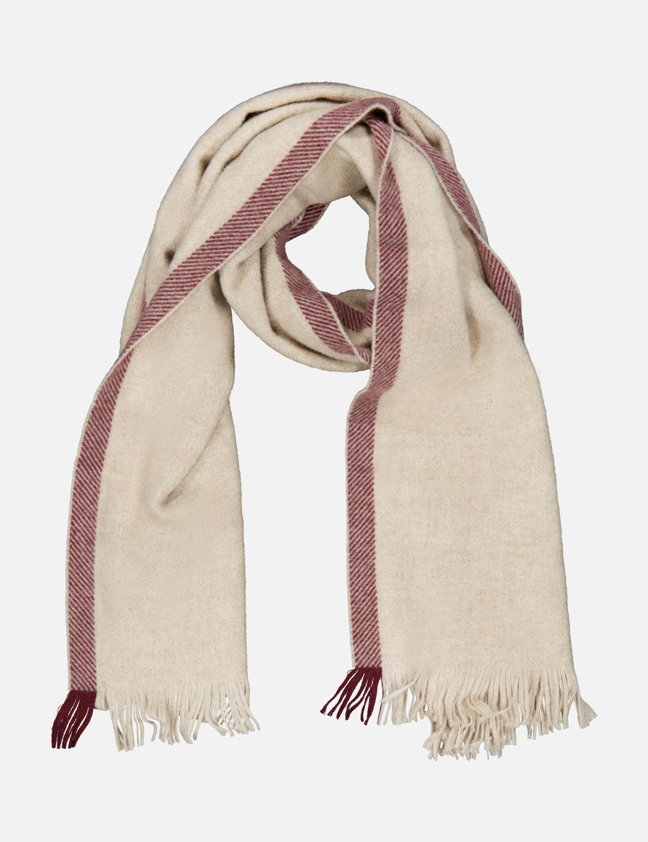 The BRUNELLO CUCINELLI Cashmere Contrast Stripe Scarf features a beige cashmere fabric accented by maroon stripes along the edges, finished with fringed ends and a soft, woven texture that ensures luxurious warmth. The scarf is showcased against a plain white background.