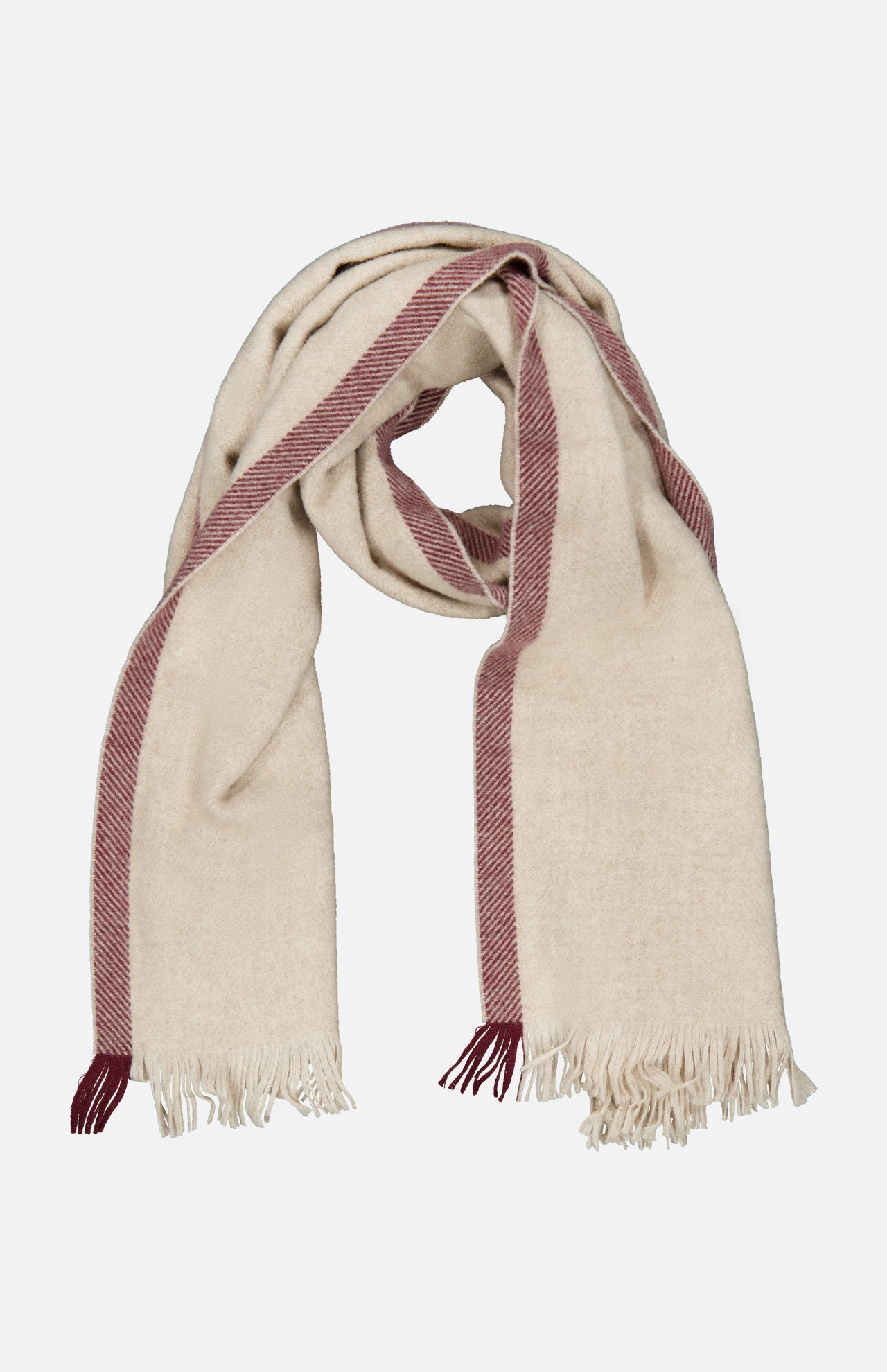 The BRUNELLO CUCINELLI Cashmere Contrast Stripe Scarf features a beige cashmere fabric accented by maroon stripes along the edges, finished with fringed ends and a soft, woven texture that ensures luxurious warmth. The scarf is showcased against a plain white background.