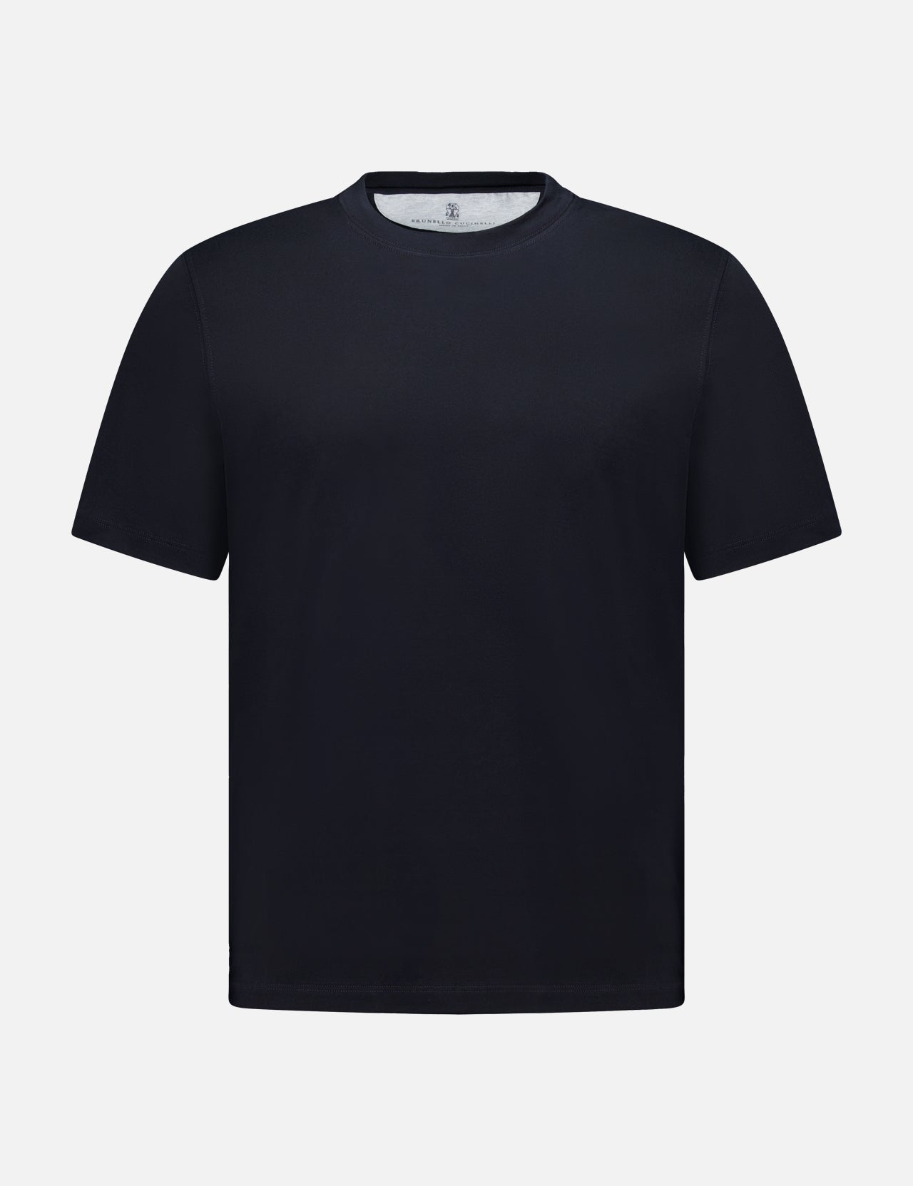 The BRUNELLO CUCINELLI Cotton Crewneck T-Shirt is shown from the front against a white background. This plain black, short-sleeve t-shirt is made of cotton and features a classic crew neckline and a regular fit, with no visible logos or patterns.