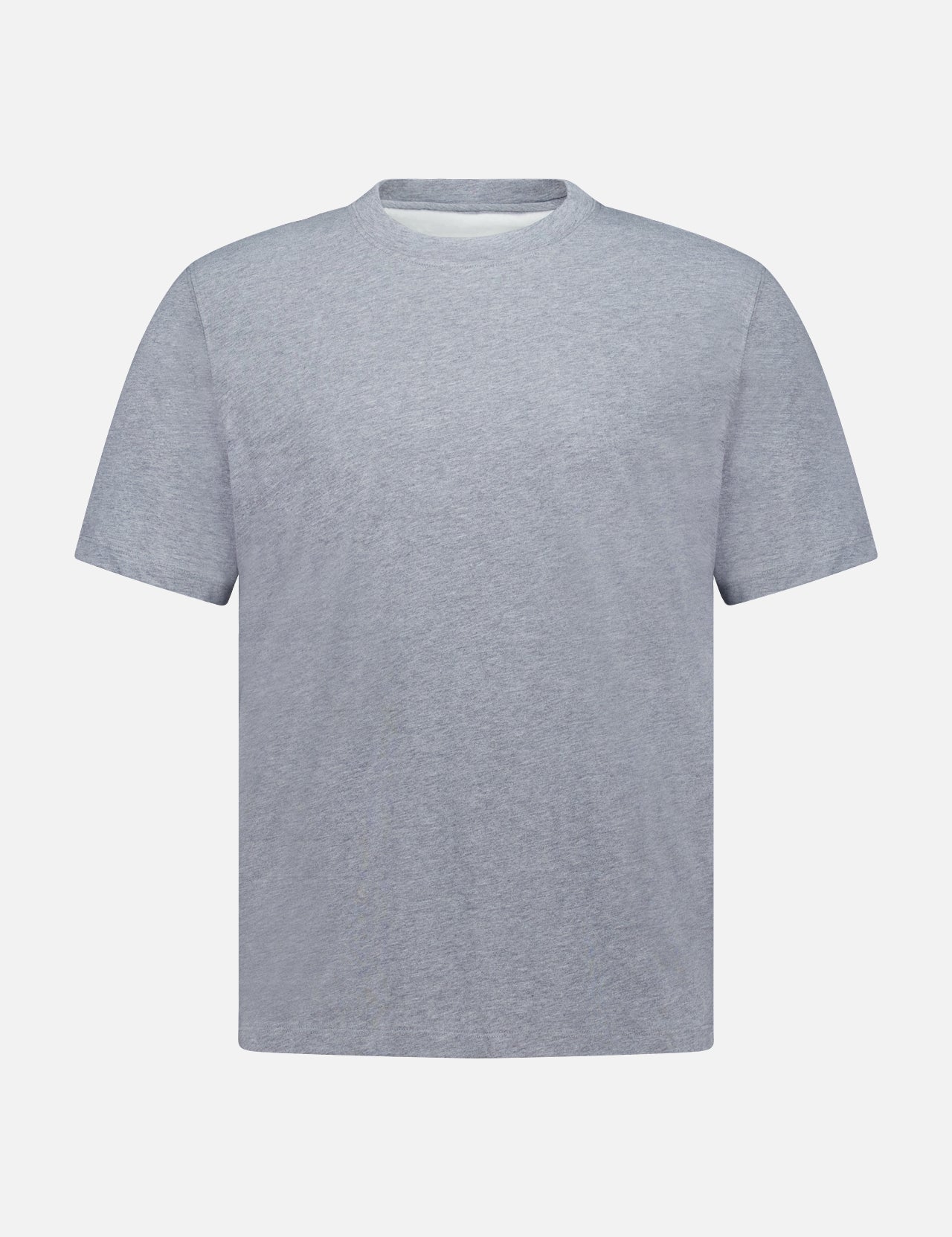 A slim fit Cotton Crewneck T-Shirt by BRUNELLO CUCINELLI, made in Italy and featuring short sleeves in plain gray cotton, is displayed against a white background.