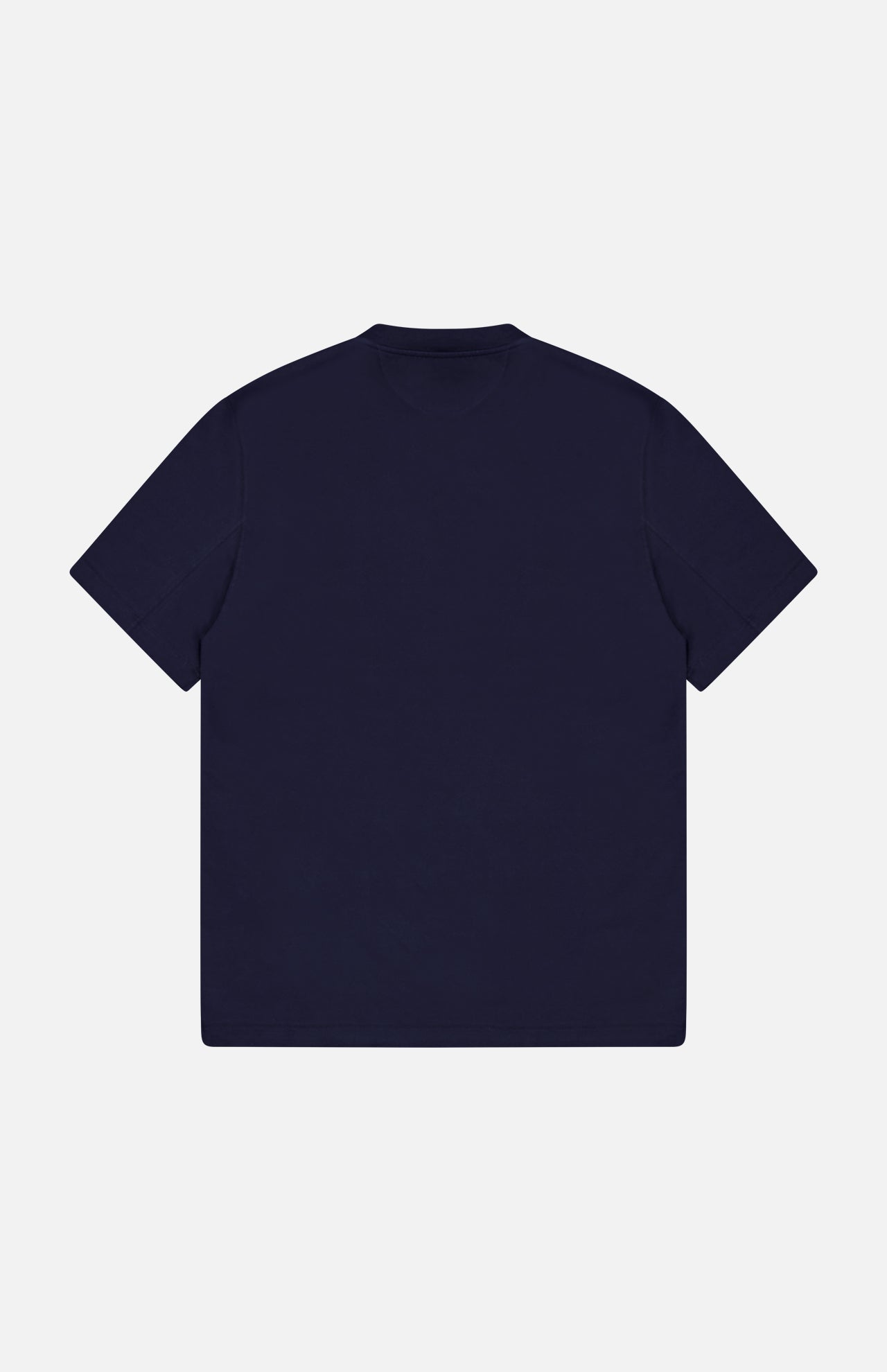 A plain, short-sleeved BRUNELLO CUCINELLI Cotton Crewneck T-Shirt in navy is displayed on a white background, shown from the back. This slim fit piece offers a modern silhouette and timeless versatility.