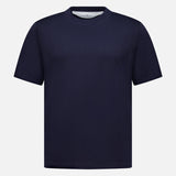 A BRUNELLO CUCINELLI Cotton Crewneck T-Shirt in dark navy blue, featuring short sleeves, is displayed on a white background.