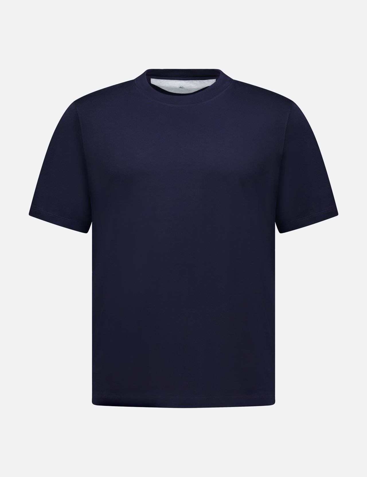 A BRUNELLO CUCINELLI Cotton Crewneck T-Shirt in dark navy blue, featuring short sleeves, is displayed on a white background.