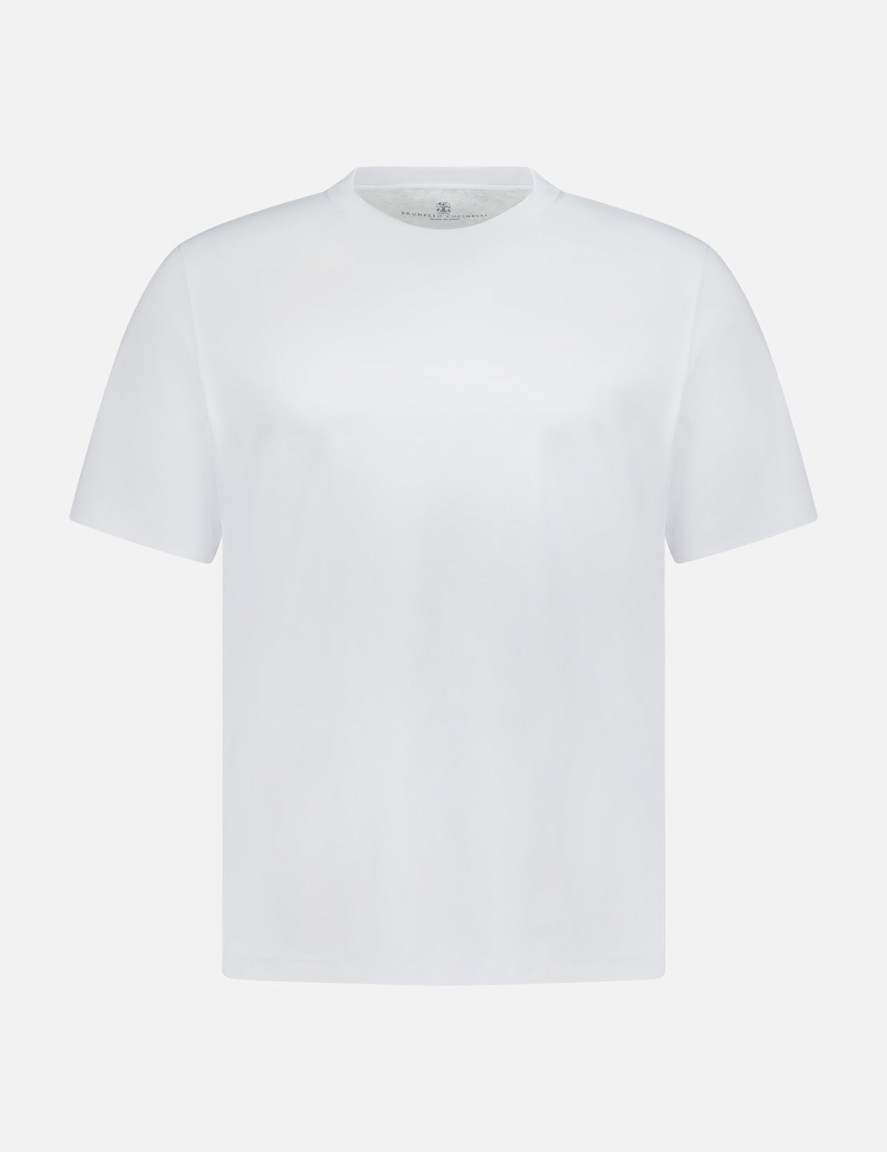 The BRUNELLO CUCINELLI Cotton Crewneck T-Shirt is a plain white, slim fit short-sleeve top, shown from the front against a white background. Made in Italy, it features a simple crew neck design that highlights the brand’s timeless style and refined craftsmanship.