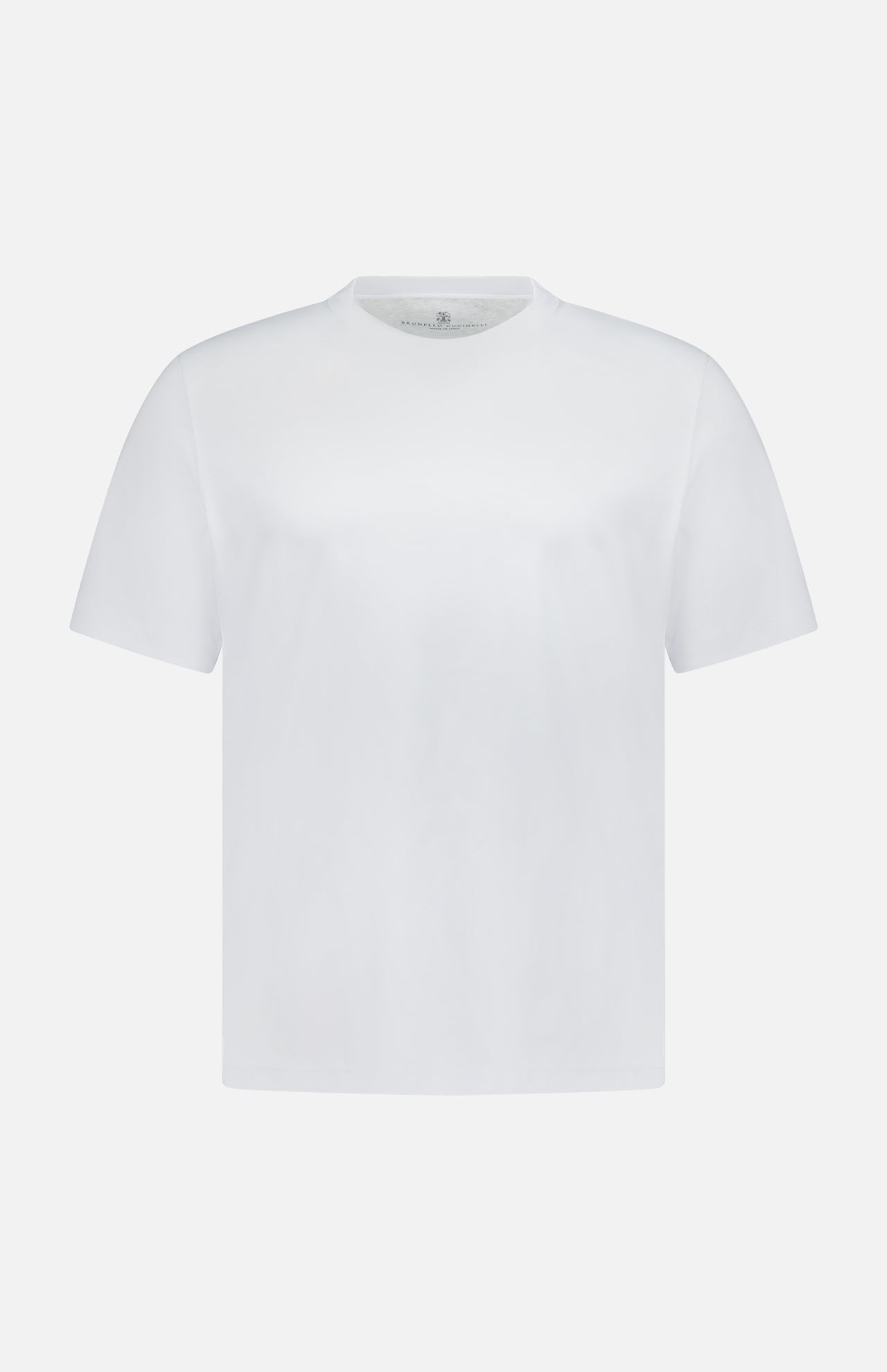 The BRUNELLO CUCINELLI Cotton Crewneck T-Shirt is a plain white, slim fit short-sleeve top, shown from the front against a white background. Made in Italy, it features a simple crew neck design that highlights the brand’s timeless style and refined craftsmanship.