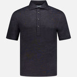 The BRUNELLO CUCINELLI Cotton Linen Short Sleeve Polo Shirt for men in dark navy features a classic collar and three-button placket, shown against a plain white background.