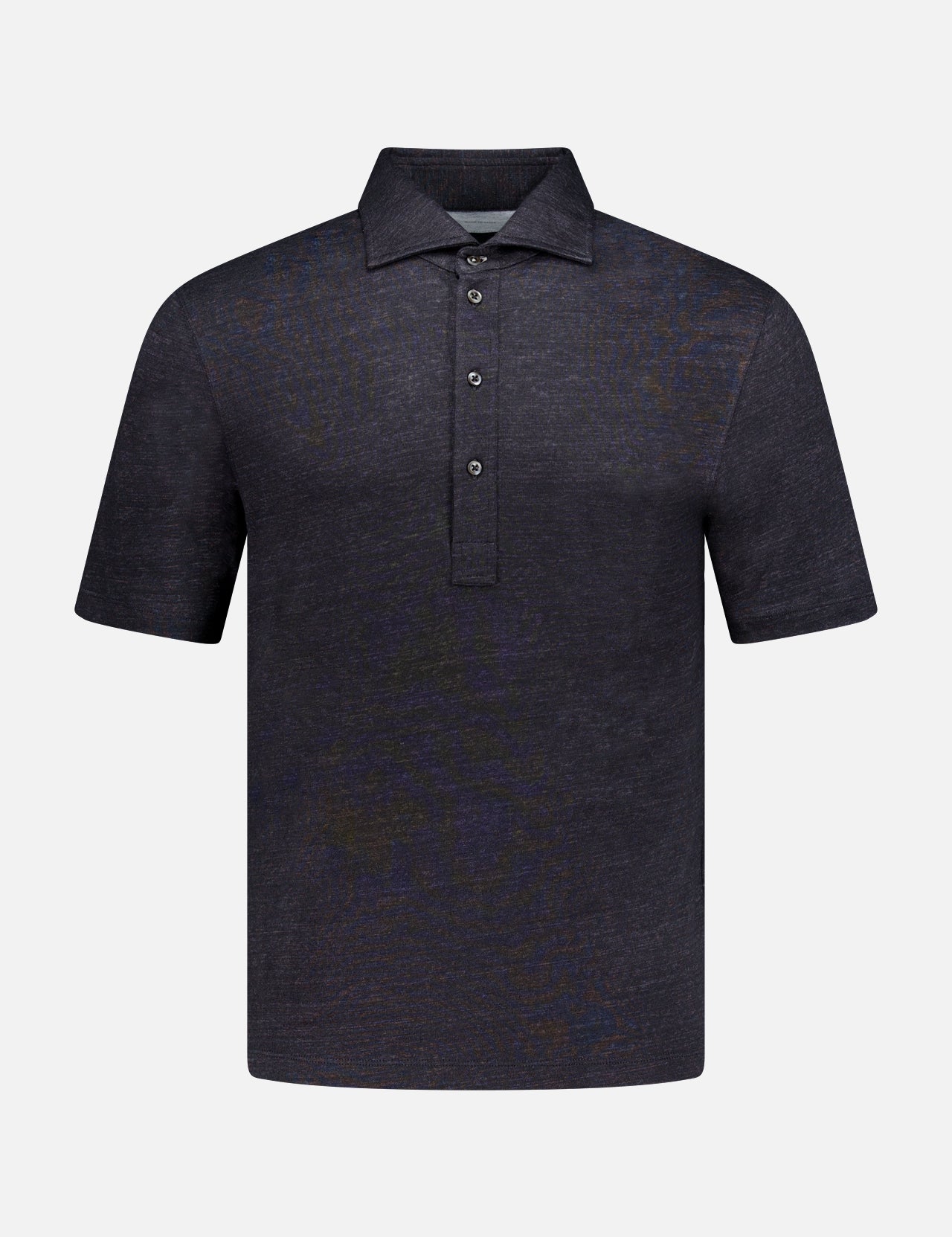 The BRUNELLO CUCINELLI Cotton Linen Short Sleeve Polo Shirt for men in dark navy features a classic collar and three-button placket, shown against a plain white background.