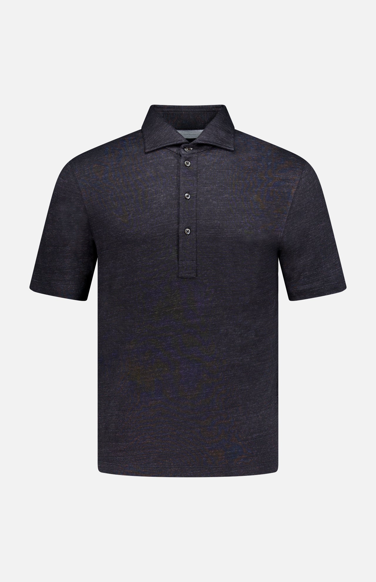 The BRUNELLO CUCINELLI Cotton Linen Short Sleeve Polo Shirt for men in dark navy features a classic collar and three-button placket, shown against a plain white background.