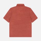 The BRUNELLO CUCINELLI Cotton Linen Short Sleeve Polo Shirt in orange-red, made in Italy, is shown flat with the back facing up against a plain white background.