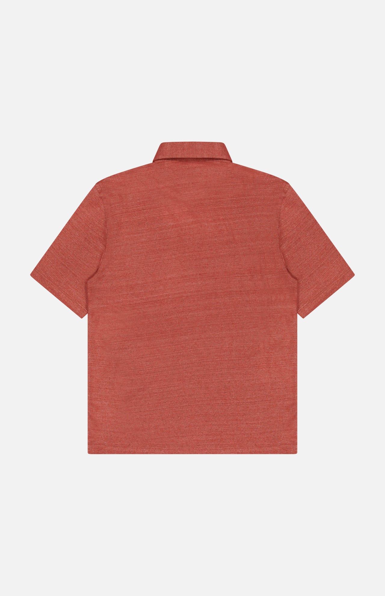 The BRUNELLO CUCINELLI Cotton Linen Short Sleeve Polo Shirt in orange-red, made in Italy, is shown flat with the back facing up against a plain white background.