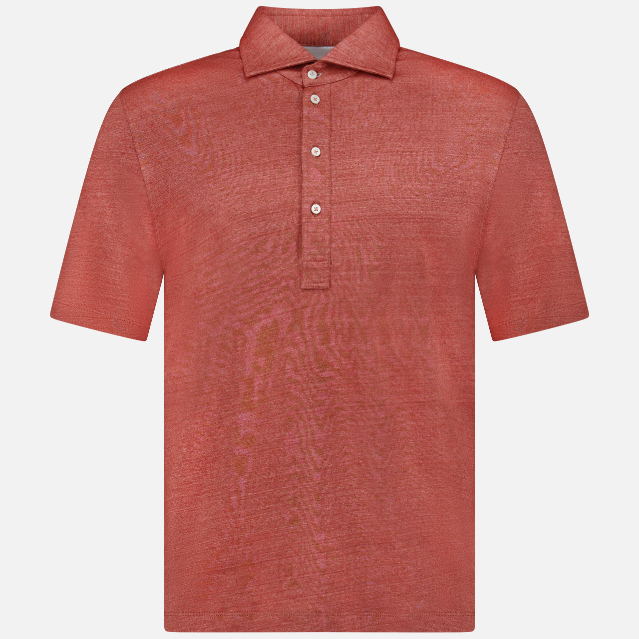 The BRUNELLO CUCINELLI Cotton Linen Short Sleeve Polo Shirt, in orange-red with a collar and three white buttons, is crafted from a linen-cotton blend and shown on a plain white background.