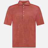 The BRUNELLO CUCINELLI Cotton Linen Short Sleeve Polo Shirt, in orange-red with a collar and three white buttons, is crafted from a linen-cotton blend and shown on a plain white background.