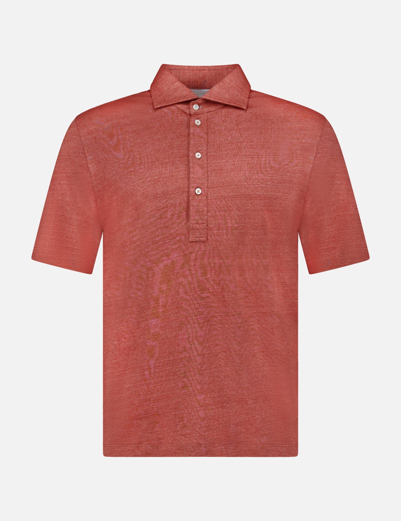 The BRUNELLO CUCINELLI Cotton Linen Short Sleeve Polo Shirt, in orange-red with a collar and three white buttons, is crafted from a linen-cotton blend and shown on a plain white background.