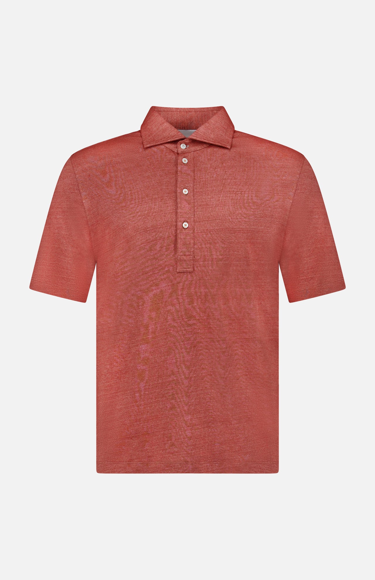 The BRUNELLO CUCINELLI Cotton Linen Short Sleeve Polo Shirt, in orange-red with a collar and three white buttons, is crafted from a linen-cotton blend and shown on a plain white background.