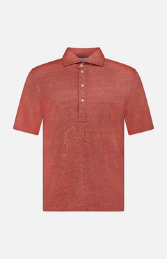 The BRUNELLO CUCINELLI Cotton Linen Short Sleeve Polo Shirt, in orange-red with a collar and three white buttons, is crafted from a linen-cotton blend and shown on a plain white background.