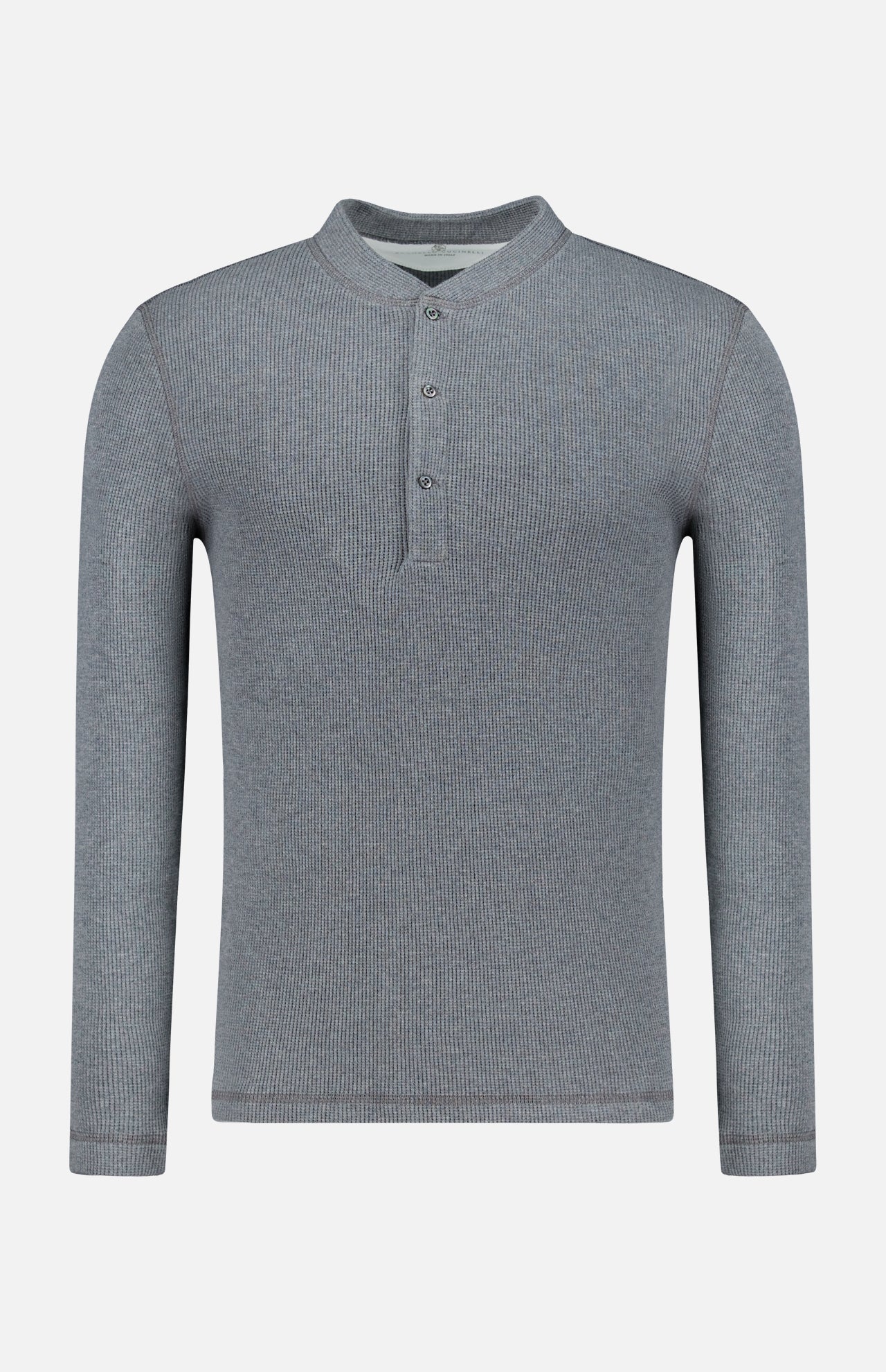The BRUNELLO CUCINELLI Cotton Long Sleeve Henley T-shirt, shown in grey with ribbed detailing, features a short collar and a three-button front placket, presented against a plain white background.