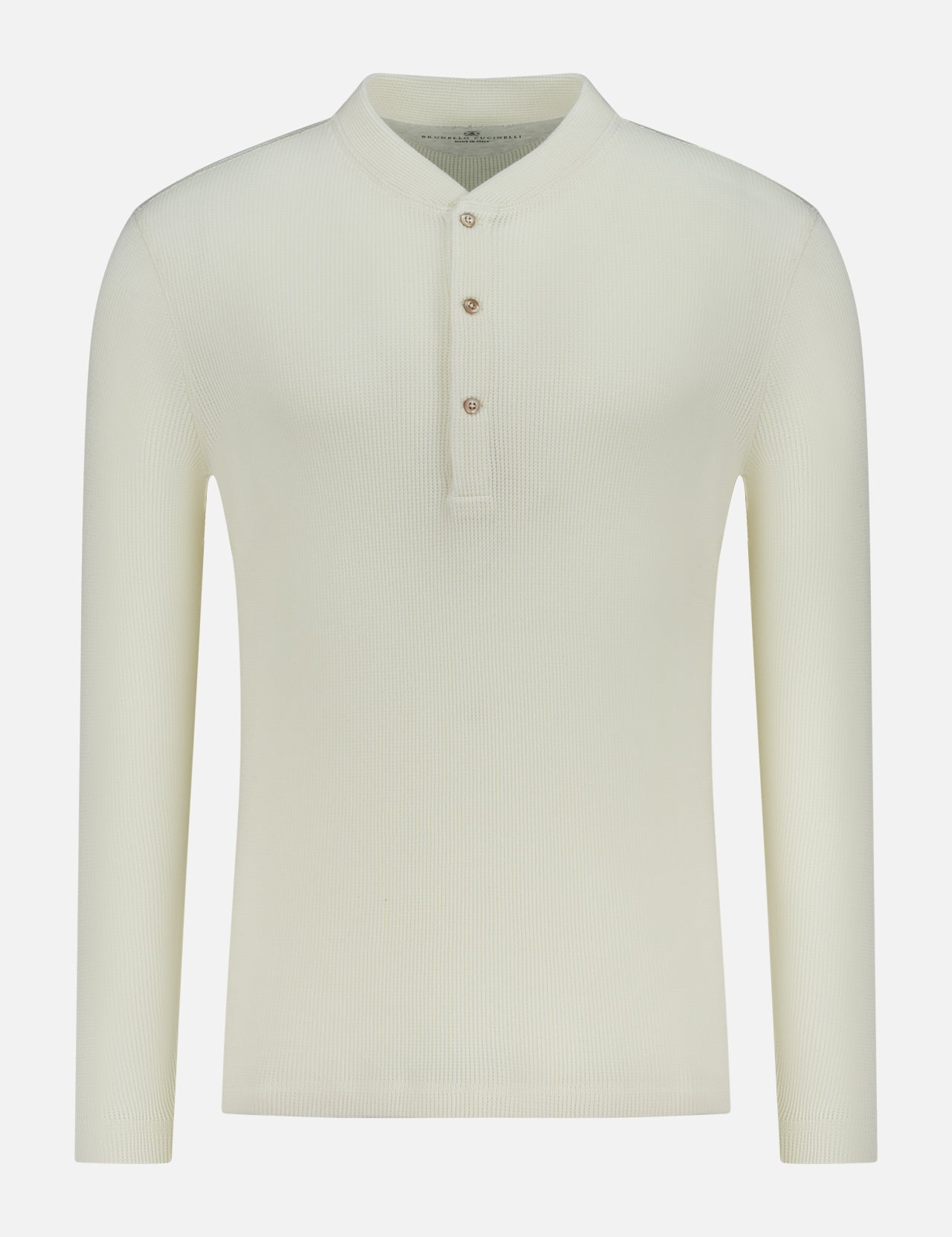 The BRUNELLO CUCINELLI Cotton Long Sleeve Henley T-shirt features a cream waffle knit, round collar, and three-button placket, shown against a plain white background.