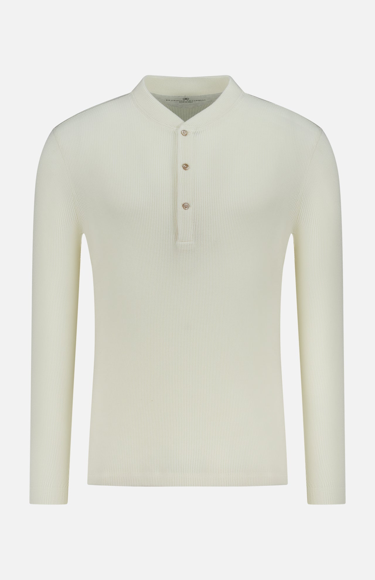 The BRUNELLO CUCINELLI Cotton Long Sleeve Henley T-shirt features a cream waffle knit, round collar, and three-button placket, shown against a plain white background.
