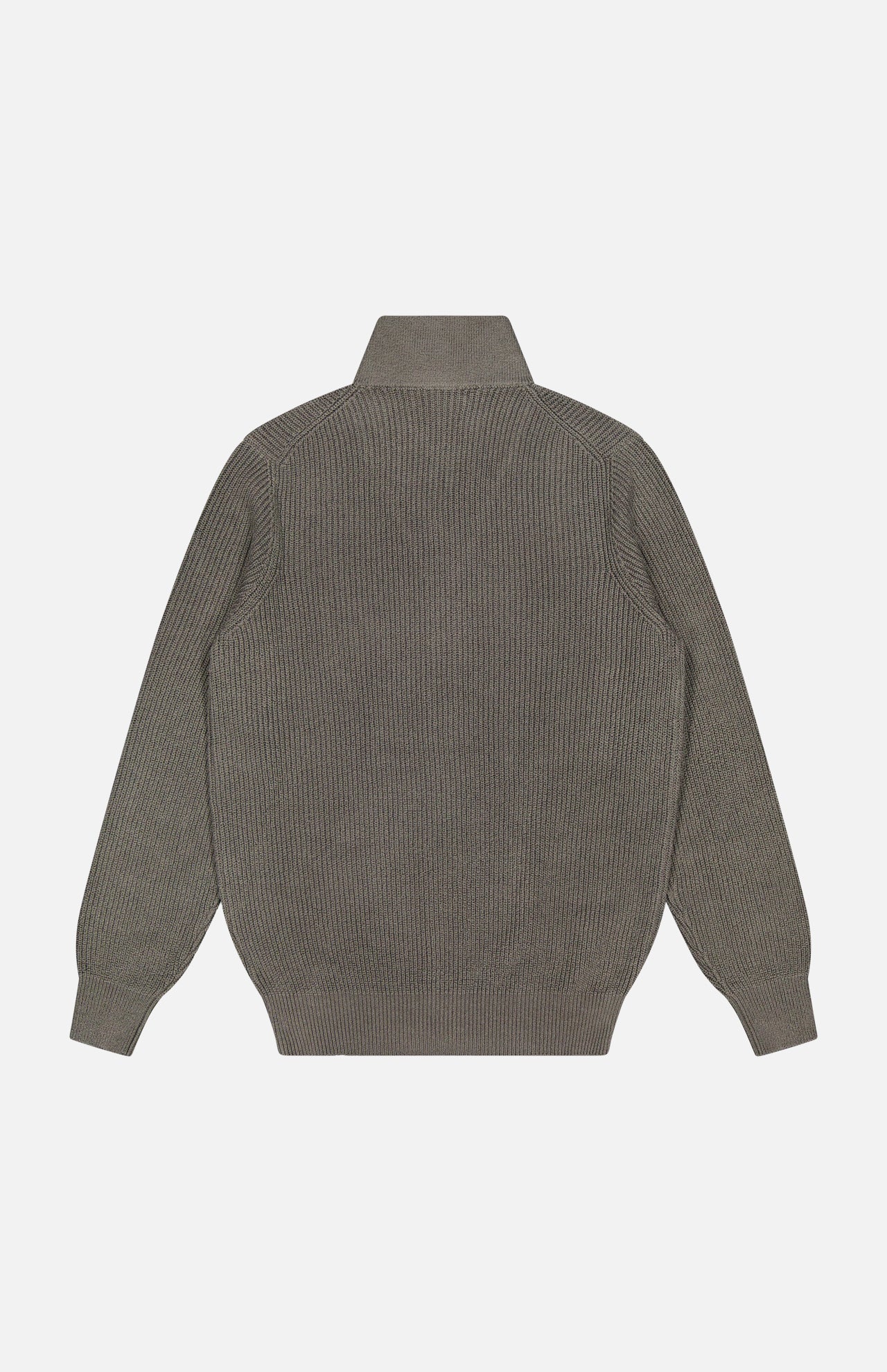 The BRUNELLO CUCINELLI Cotton Zip Up Cardigan Sweater is displayed laid flat, back facing up, against a plain white background. Featuring ribbed detailing, long sleeves, a high collar, and elastic cuffs and hem, this versatile olive green piece is crafted from 100% cotton for exceptional comfort and enduring style—a timeless addition to any wardrobe.