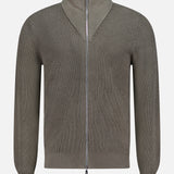 The BRUNELLO CUCINELLI Cotton Zip Up Cardigan Sweater is an olive green, ribbed cardigan made from 100% cotton. It features a high collar, long sleeves with fitted cuffs, and a zip-front closure, showcased against a plain white background.