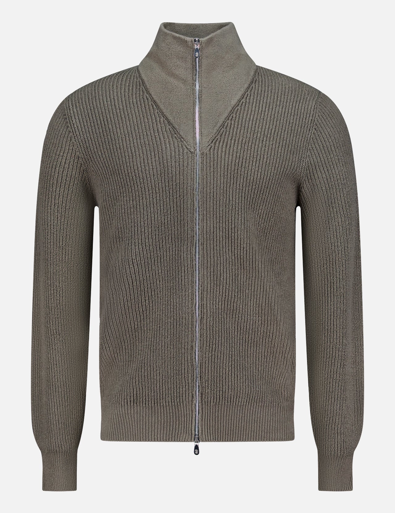 The BRUNELLO CUCINELLI Cotton Zip Up Cardigan Sweater is an olive green, ribbed cardigan made from 100% cotton. It features a high collar, long sleeves with fitted cuffs, and a zip-front closure, showcased against a plain white background.