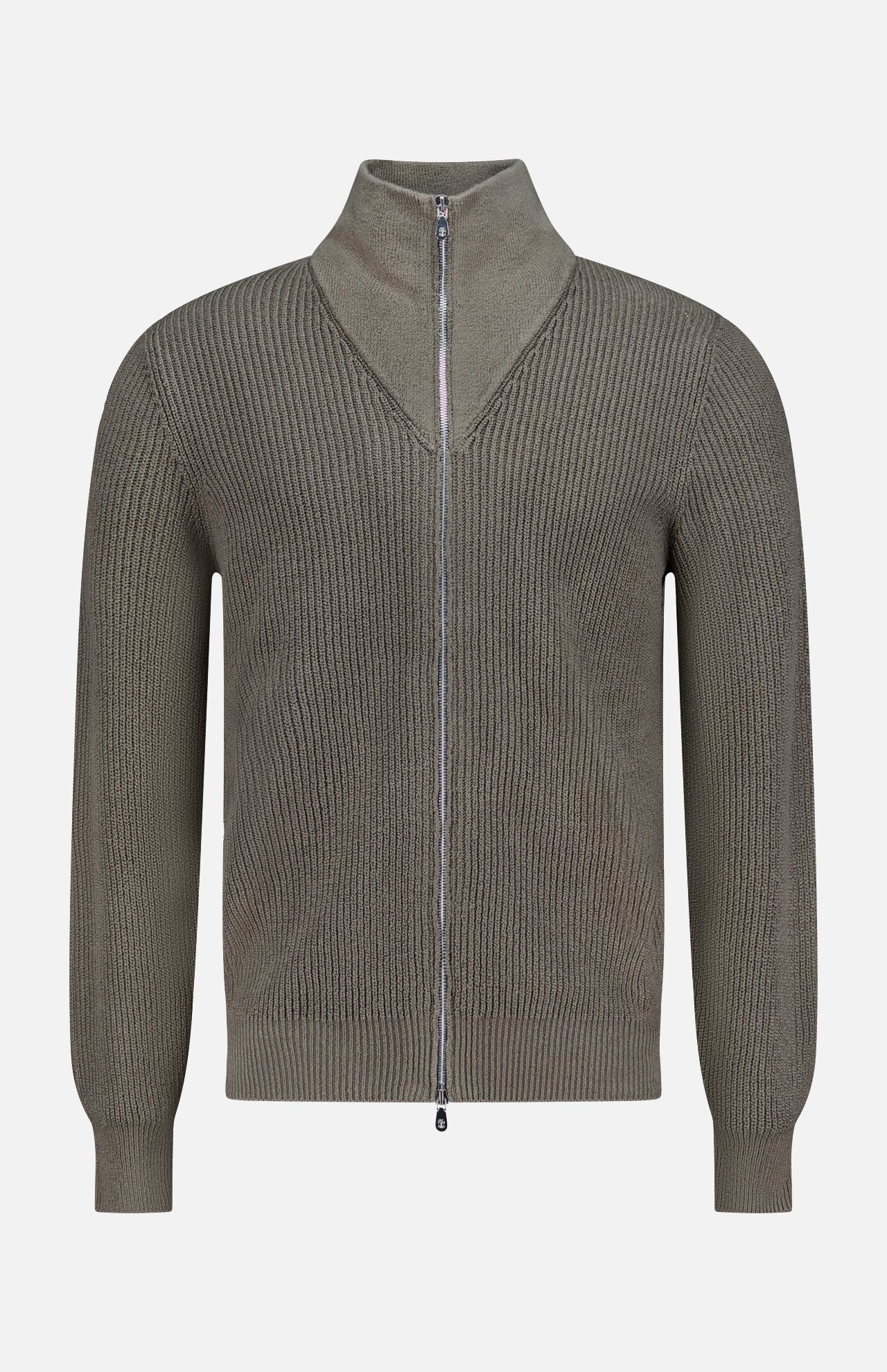 The BRUNELLO CUCINELLI Cotton Zip Up Cardigan Sweater is an olive green, ribbed cardigan made from 100% cotton. It features a high collar, long sleeves with fitted cuffs, and a zip-front closure, showcased against a plain white background.