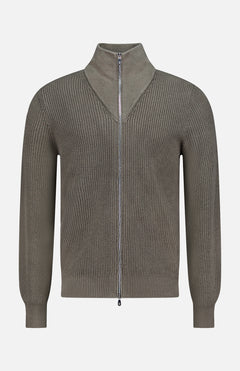 The BRUNELLO CUCINELLI Cotton Zip Up Cardigan Sweater is an olive green, ribbed cardigan made from 100% cotton. It features a high collar, long sleeves with fitted cuffs, and a zip-front closure, showcased against a plain white background.