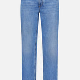Button Fly Denim Jeans by BRUNELLO CUCINELLI, crafted from premium Italian denim in a light blue shade, feature a straight-leg cut, classic five-pocket design, and a front button and zipper closure. Displayed against a plain white background, the jeans' vintage treatment lends subtle character to this timeless style.