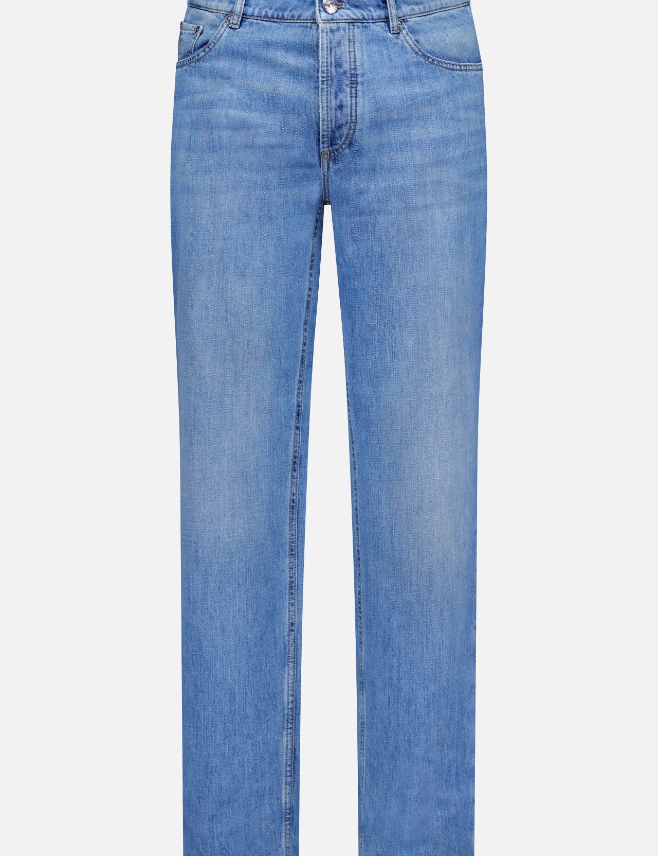 Button Fly Denim Jeans by BRUNELLO CUCINELLI, crafted from premium Italian denim in a light blue shade, feature a straight-leg cut, classic five-pocket design, and a front button and zipper closure. Displayed against a plain white background, the jeans' vintage treatment lends subtle character to this timeless style.