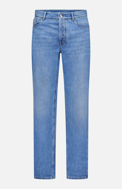 Button Fly Denim Jeans by BRUNELLO CUCINELLI, crafted from premium Italian denim in a light blue shade, feature a straight-leg cut, classic five-pocket design, and a front button and zipper closure. Displayed against a plain white background, the jeans' vintage treatment lends subtle character to this timeless style.