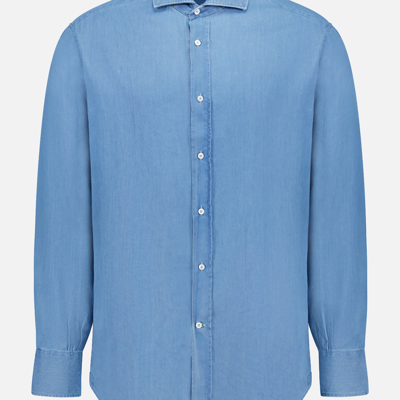 The BRUNELLO CUCINELLI Denim Button Down Shirt features a light blue wash, long sleeves, collar, white buttons, and a straight hem, shown against a plain white background.