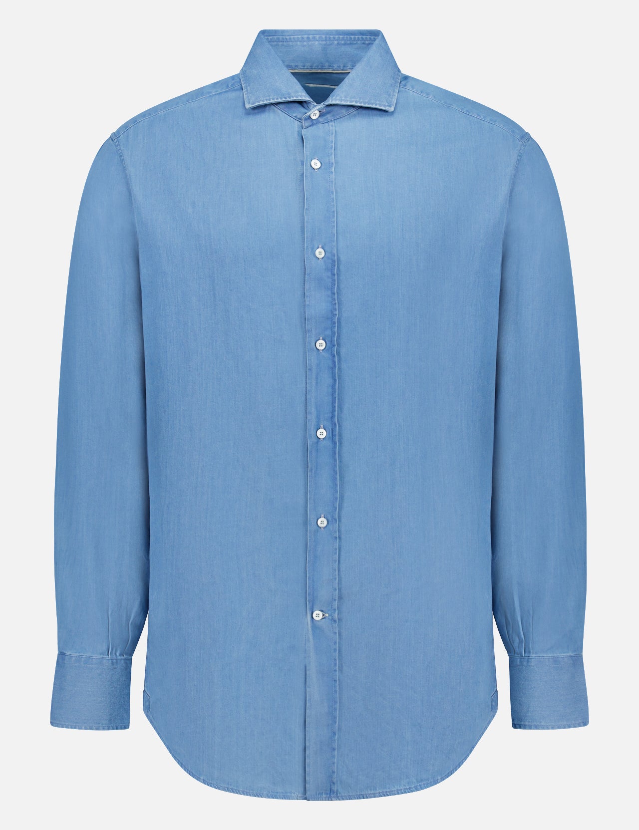 The BRUNELLO CUCINELLI Denim Button Down Shirt features a light blue wash, long sleeves, collar, white buttons, and a straight hem, shown against a plain white background.