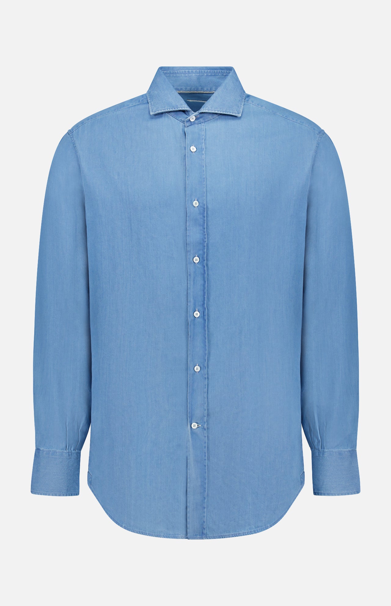 The BRUNELLO CUCINELLI Denim Button Down Shirt features a light blue wash, long sleeves, collar, white buttons, and a straight hem, shown against a plain white background.