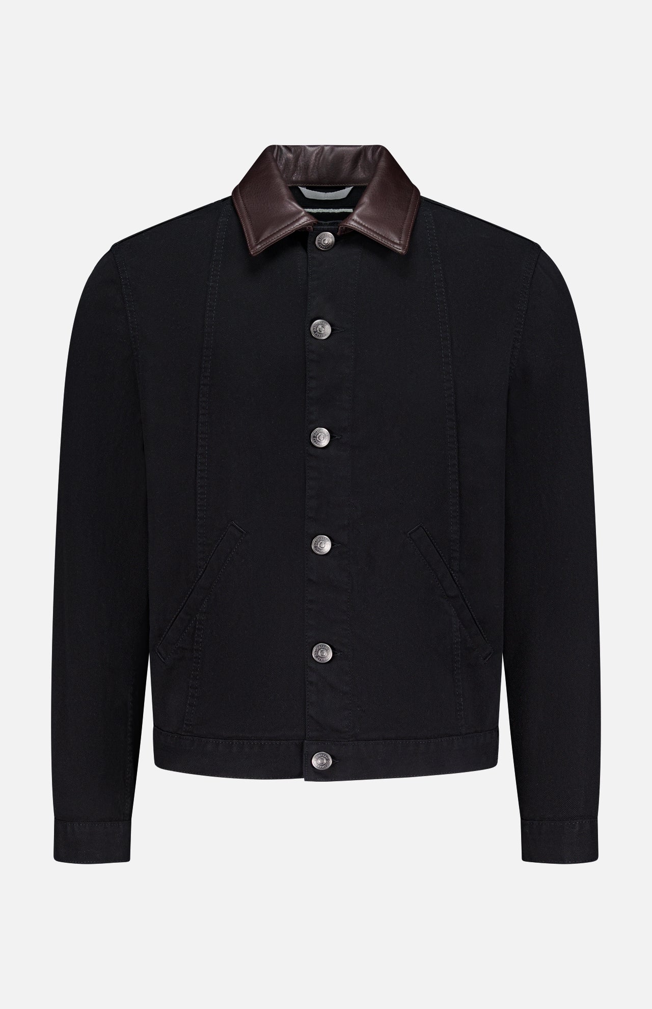 The BRUNELLO CUCINELLI Denim with Leather Collar Jacket features black denim, a dark brown leather collar, front pockets, and silver buttons—timeless retro style showcased against a plain white background.