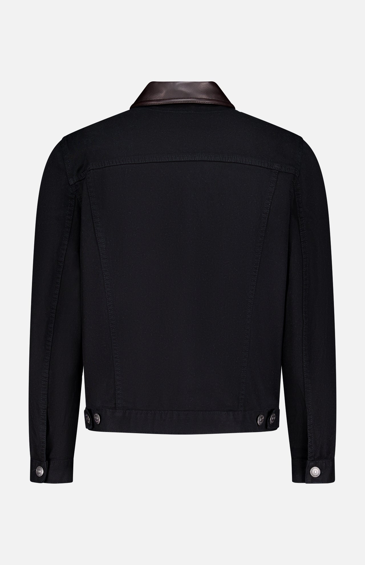 The Denim with Leather Collar Jacket by BRUNELLO CUCINELLI features a black denim back view, dark leather collar, long sleeves, buttoned cuffs and waistband tabs, plus classic visible stitching for a timeless retro style.