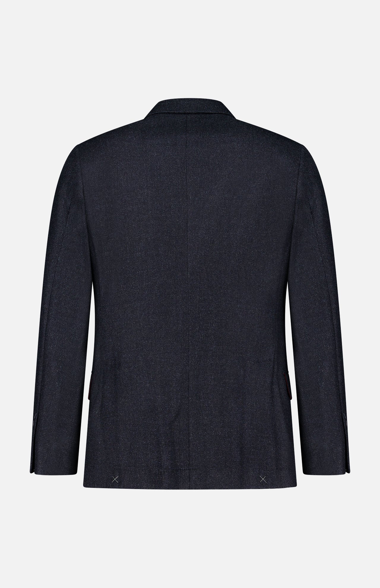 The Double Breasted Suit Jacket by BRUNELLO CUCINELLI is featured from the back against a plain light background. This dark navy blazer is crafted from virgin wool, showcasing a classic design with a notched collar and long sleeves, without any visible embellishments or patterns.