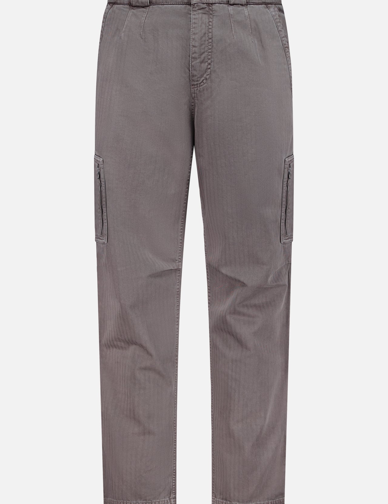 The Dyed Zigzag Cargo Trousers by BRUNELLO CUCINELLI feature a classic straight-leg silhouette with side pockets, a button and zip fly, and belt loops, reminiscent of traditional Italian cargo trousers. Shown here in gray against a plain white background.