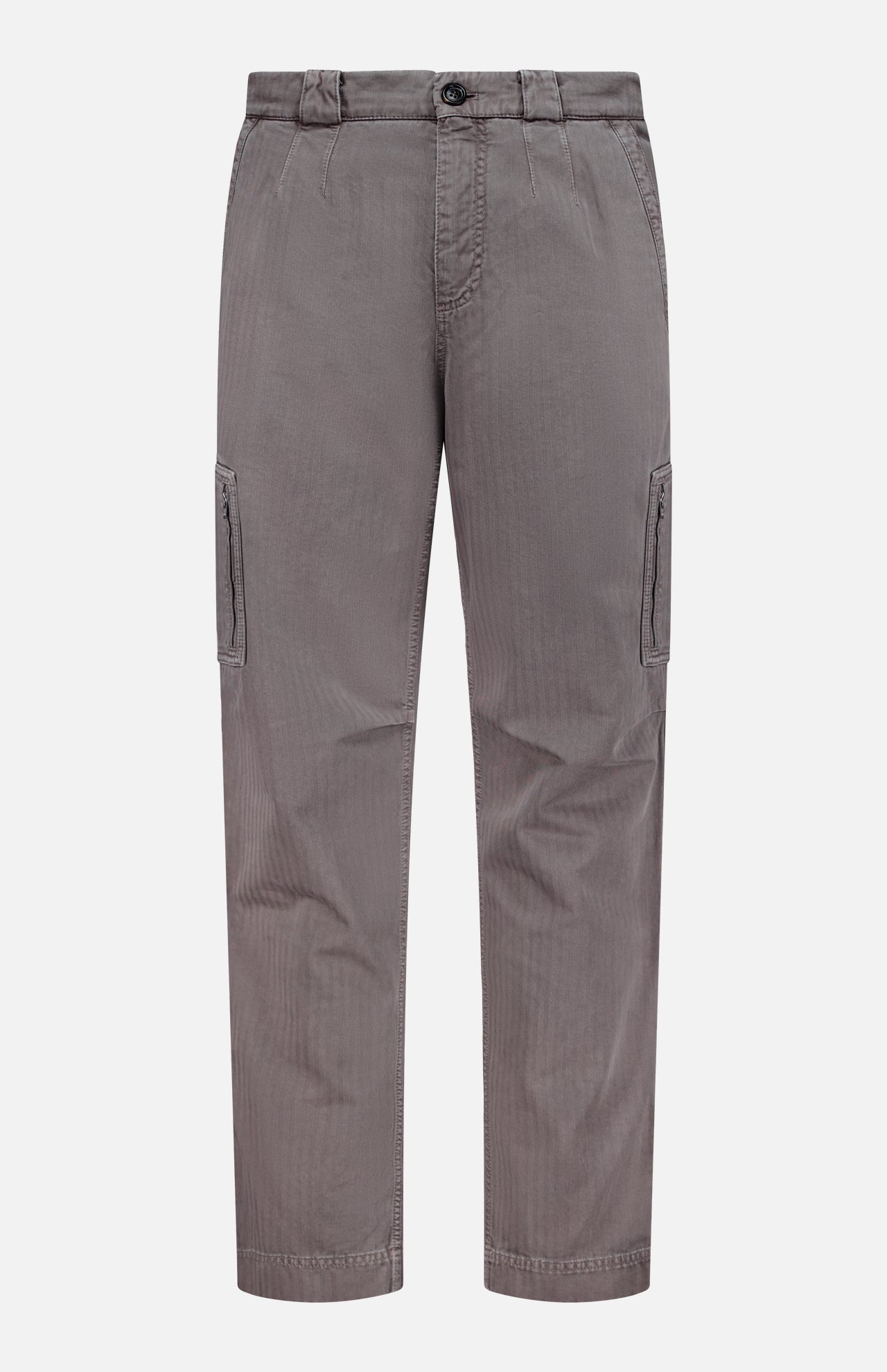 The Dyed Zigzag Cargo Trousers by BRUNELLO CUCINELLI feature a classic straight-leg silhouette with side pockets, a button and zip fly, and belt loops, reminiscent of traditional Italian cargo trousers. Shown here in gray against a plain white background.