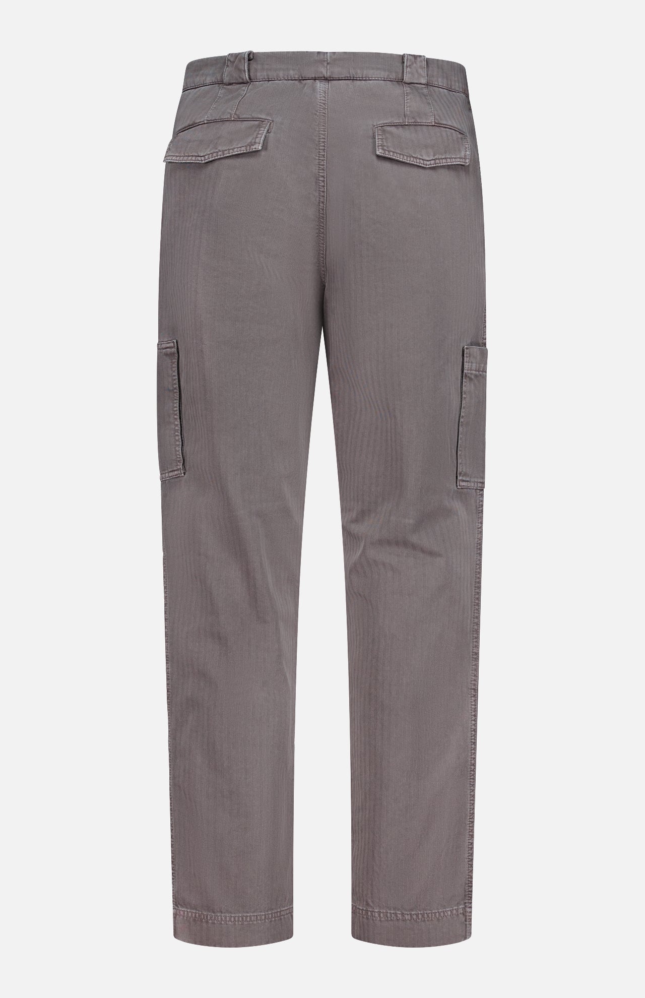 Back view of BRUNELLO CUCINELLI Dyed Zigzag Cargo Trousers in grey cotton, featuring a chevron pattern, two upper back flap pockets, side cargo pockets on each leg, belt loops, and straight legs. These Italian cargo trousers are laid flat against a white background.