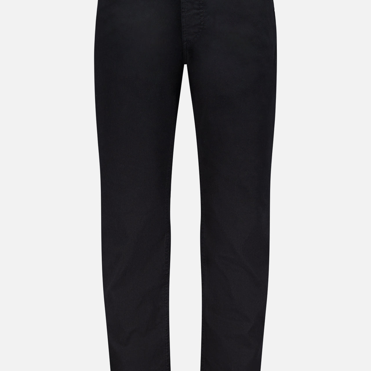Dyed Denim Jeans in Nero by BRUNELLO CUCINELLI: plain black jeans made from premium stretch denim, featuring a classic five-pocket design with silver button and rivets, shown against a white background.